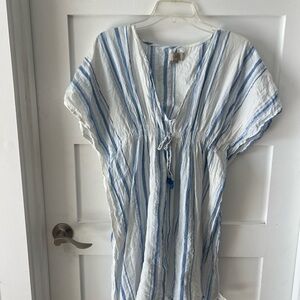 LOFT Light Blue and White Striped V-Neck Top
